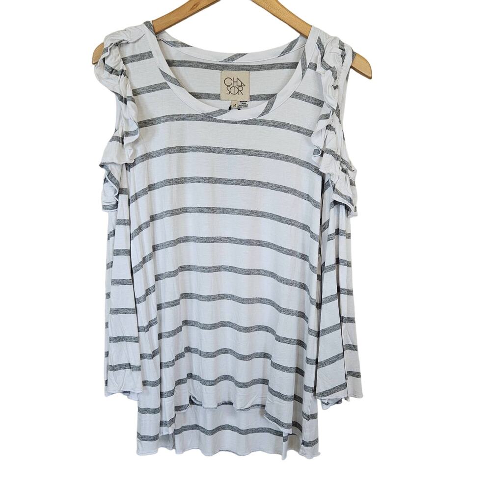 Chaser Striped White Gray Long Sleeve Cold Shoulder Top Women's Medium Casual - Picture 2 of 7